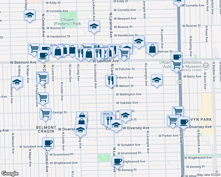 map of restaurants, bars, coffee shops, grocery stores, and more near 5221 West Nelson Street in Chicago