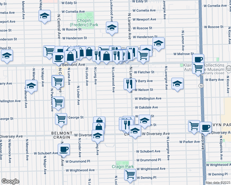 map of restaurants, bars, coffee shops, grocery stores, and more near 5500 North Lockwood Avenue in Chicago