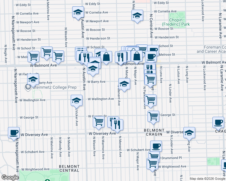 map of restaurants, bars, coffee shops, grocery stores, and more near 3021 North Monitor Avenue in Chicago