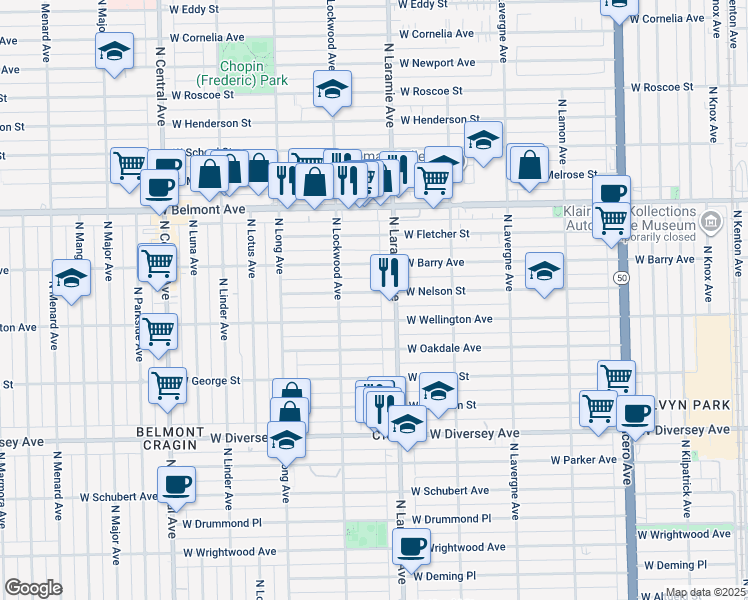 map of restaurants, bars, coffee shops, grocery stores, and more near 5221 W Nelson St in Chicago