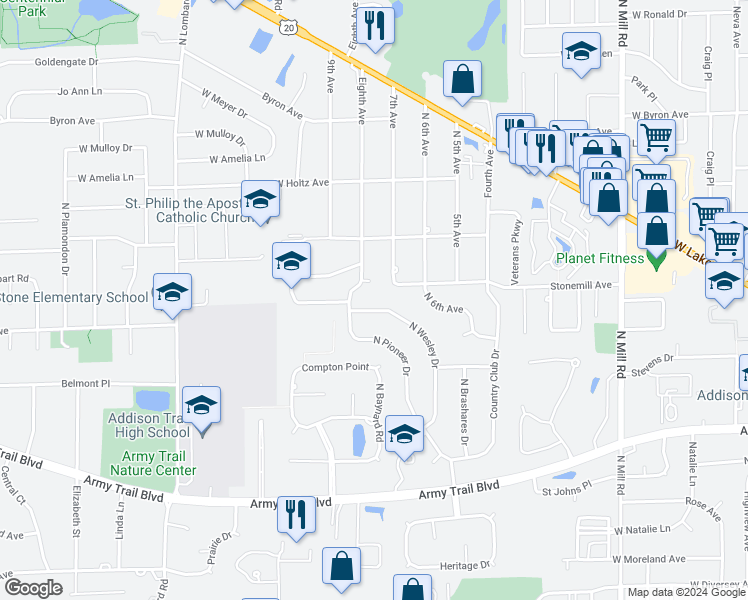 map of restaurants, bars, coffee shops, grocery stores, and more near 479 North Wesley Drive in Addison