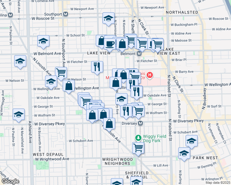 map of restaurants, bars, coffee shops, grocery stores, and more near 1110 West Oakdale Avenue in Chicago