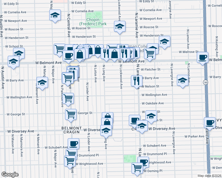 map of restaurants, bars, coffee shops, grocery stores, and more near 5337 West Nelson Street in Chicago