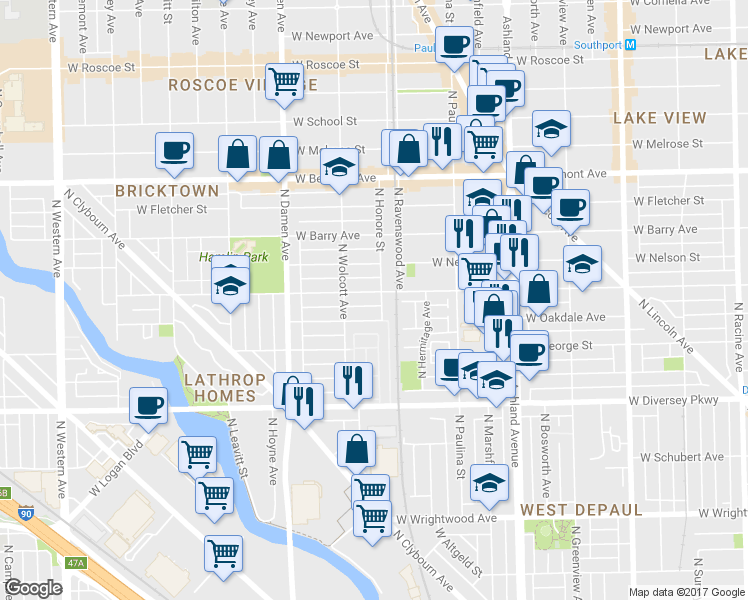 map of restaurants, bars, coffee shops, grocery stores, and more near 1836 West Oakdale Avenue in Chicago