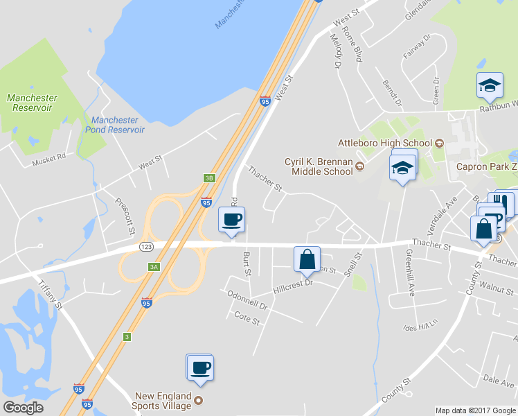 map of restaurants, bars, coffee shops, grocery stores, and more near 23 Valerie Drive in Attleboro