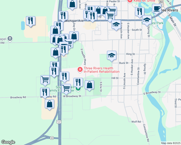 map of restaurants, bars, coffee shops, grocery stores, and more near 1107 Hill Street in Three Rivers