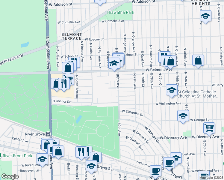 map of restaurants, bars, coffee shops, grocery stores, and more near 7945 West Barry Avenue in Elmwood Park