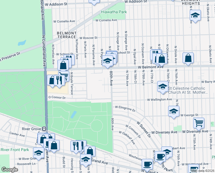 map of restaurants, bars, coffee shops, grocery stores, and more near 7945 West Barry Avenue in Elmwood Park