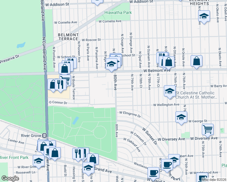 map of restaurants, bars, coffee shops, grocery stores, and more near 7945 West Barry Avenue in Elmwood Park