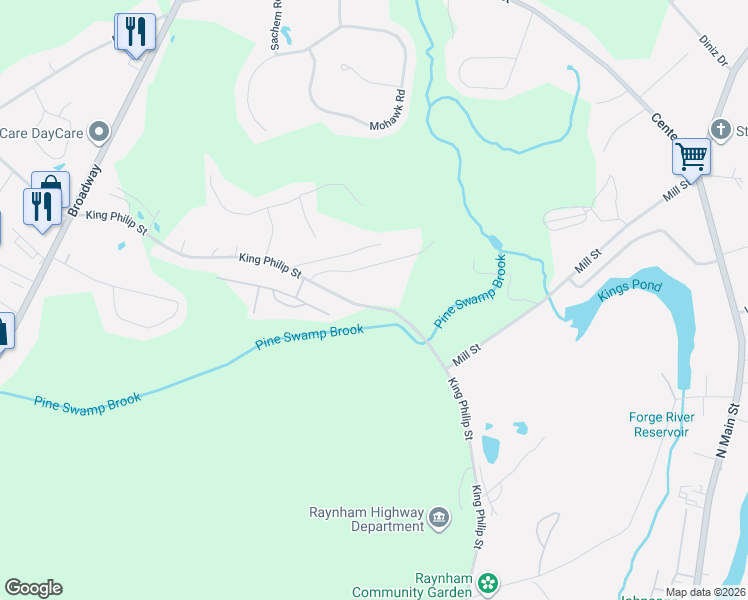 map of restaurants, bars, coffee shops, grocery stores, and more near 750 King Philip Street in Raynham