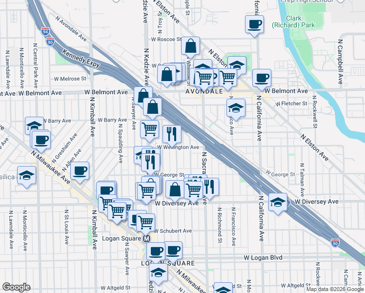 map of restaurants, bars, coffee shops, grocery stores, and more near 2959 North Albany Avenue in Chicago