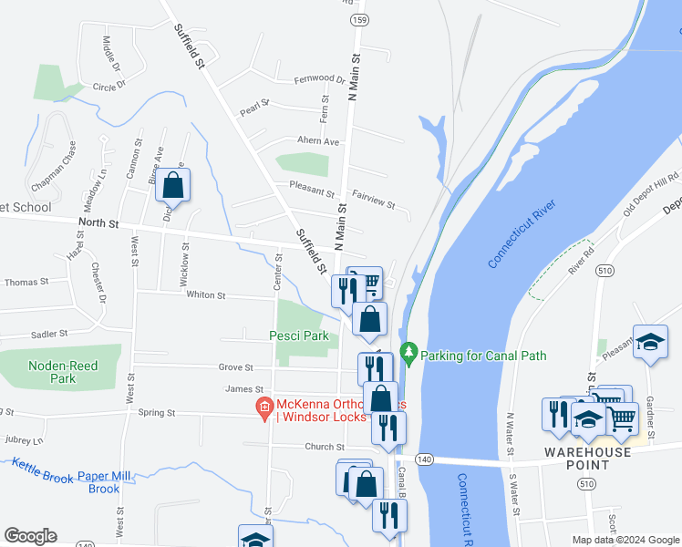 map of restaurants, bars, coffee shops, grocery stores, and more near 4 Maple Avenue in Windsor Locks