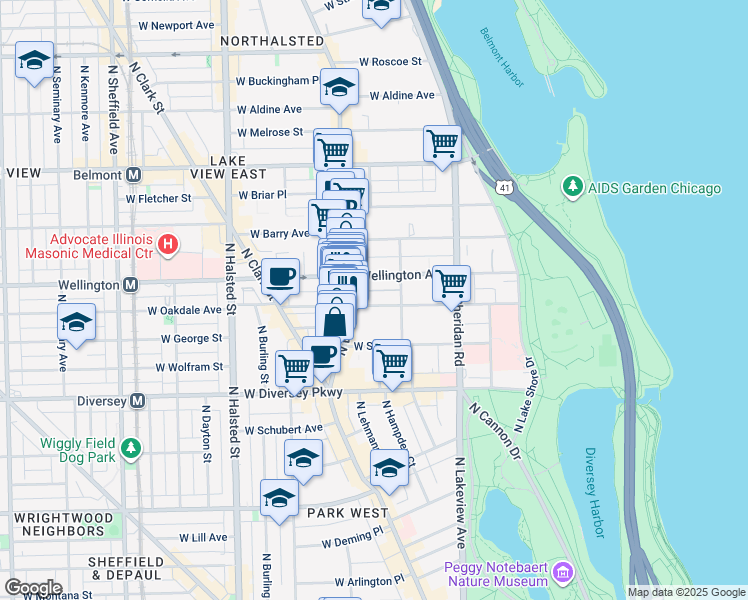 map of restaurants, bars, coffee shops, grocery stores, and more near 2941 North Broadway in Chicago