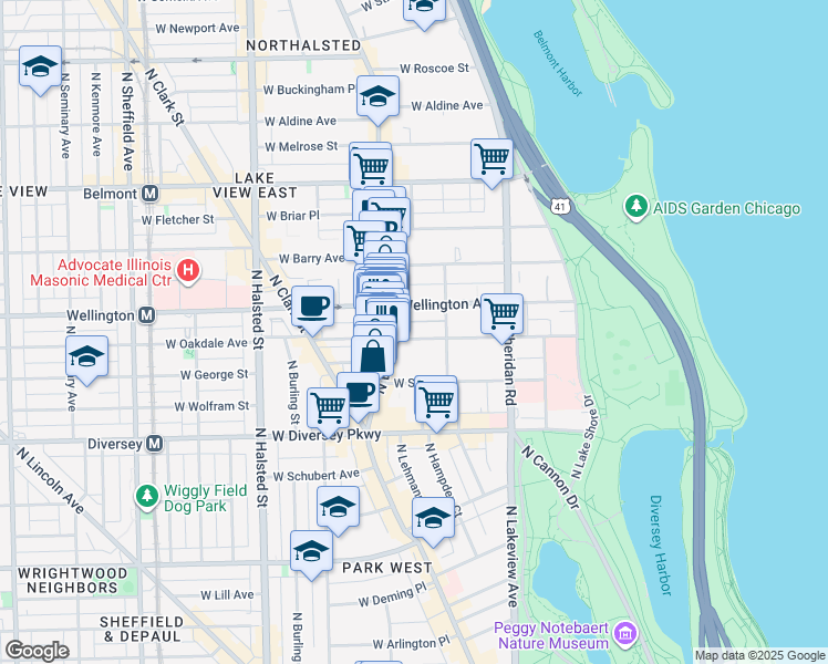 map of restaurants, bars, coffee shops, grocery stores, and more near 2941 North Broadway in Chicago