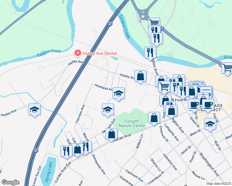 map of restaurants, bars, coffee shops, grocery stores, and more near 16 Howland Avenue in Kingston