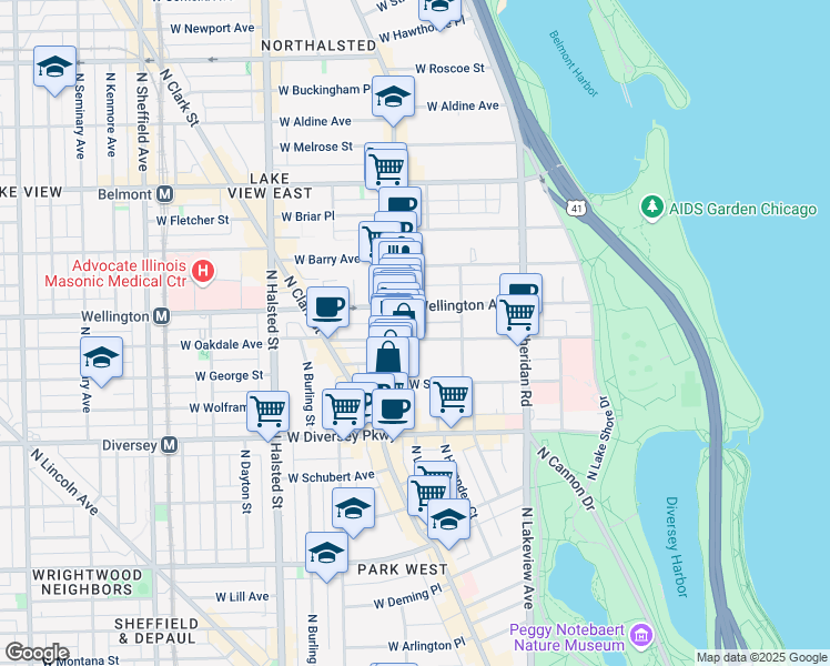 map of restaurants, bars, coffee shops, grocery stores, and more near 544 West Oakdale Avenue in Chicago