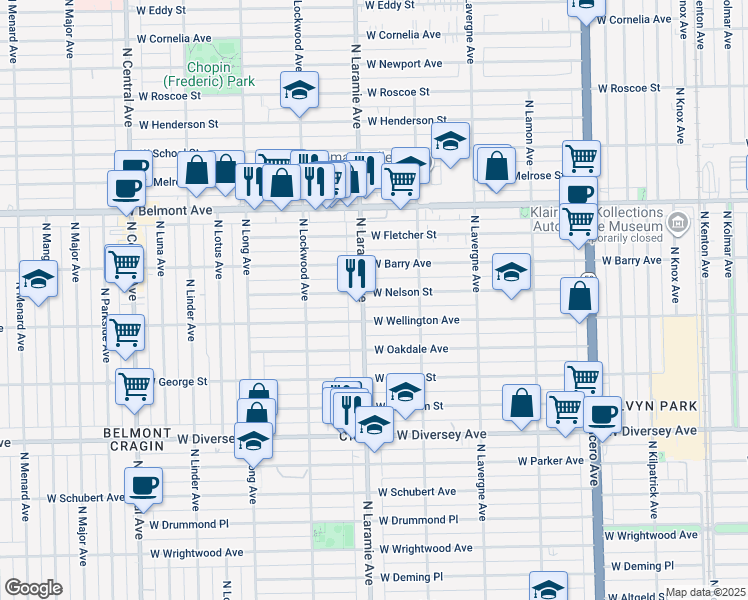 map of restaurants, bars, coffee shops, grocery stores, and more near 5149 West Nelson Street in Chicago