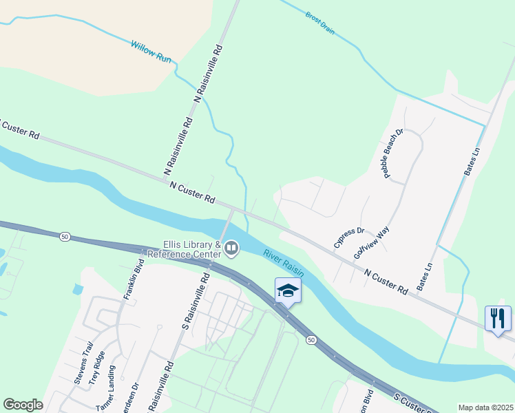 map of restaurants, bars, coffee shops, grocery stores, and more near 3770 North Custer Road in Monroe