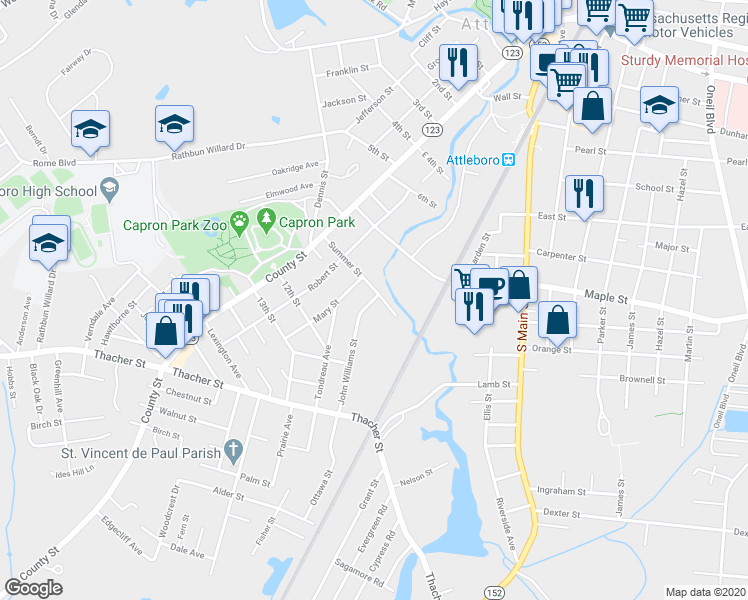 map of restaurants, bars, coffee shops, grocery stores, and more near 6 John Williams Street in Attleboro