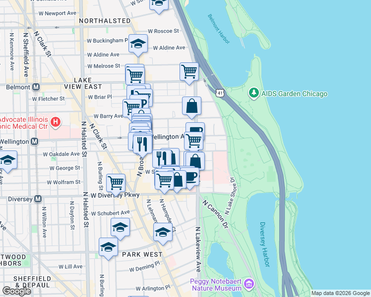 map of restaurants, bars, coffee shops, grocery stores, and more near 424 West Oakdale Avenue in Chicago