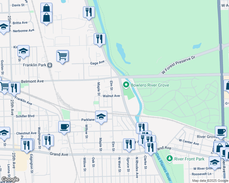 map of restaurants, bars, coffee shops, grocery stores, and more near 3111 Elm Street in River Grove