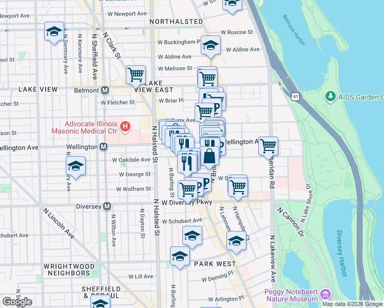 map of restaurants, bars, coffee shops, grocery stores, and more near 646 West Oakdale Avenue in Chicago