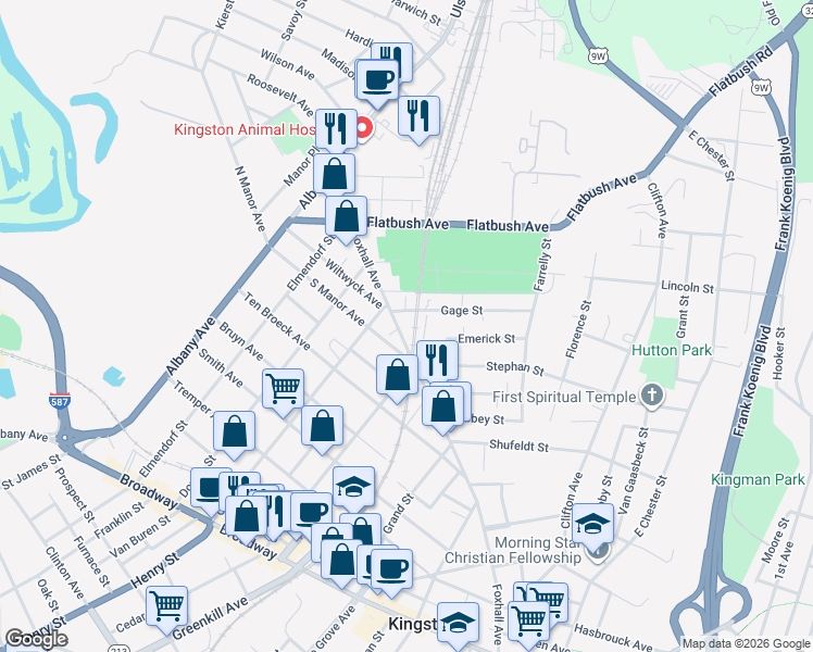 map of restaurants, bars, coffee shops, grocery stores, and more near 300 Foxhall Avenue in Kingston