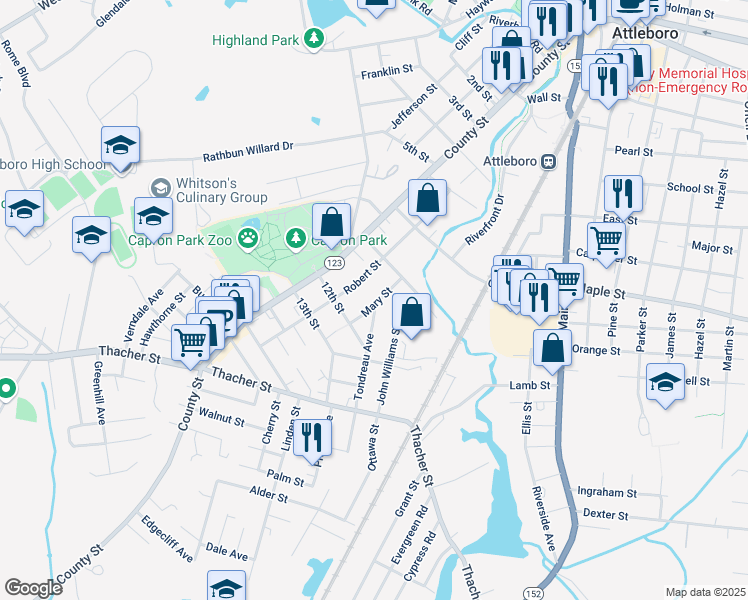 map of restaurants, bars, coffee shops, grocery stores, and more near 27 Mary Street in Attleboro
