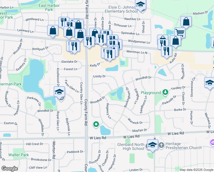 map of restaurants, bars, coffee shops, grocery stores, and more near 780 Trinity Court in Carol Stream