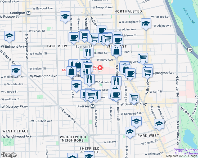 map of restaurants, bars, coffee shops, grocery stores, and more near 920 West Oakdale Avenue in Chicago