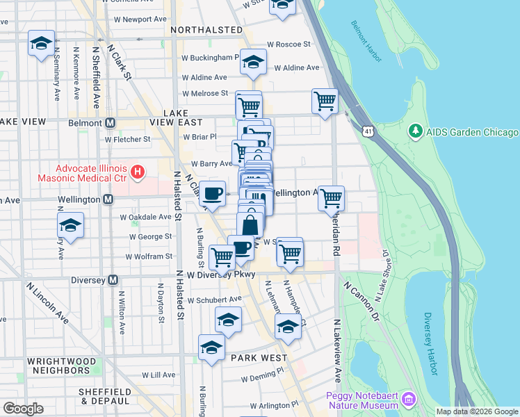 map of restaurants, bars, coffee shops, grocery stores, and more near 2941 North Broadway in Chicago