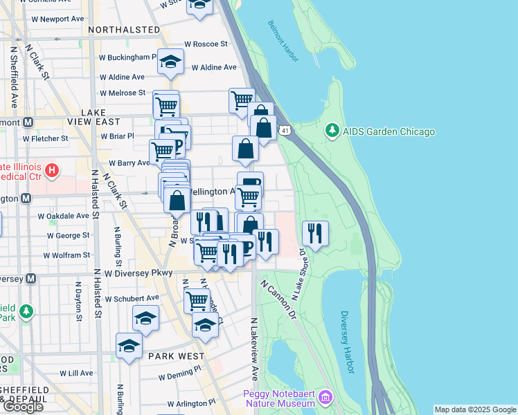 map of restaurants, bars, coffee shops, grocery stores, and more near 350 West Oakdale Avenue in Chicago