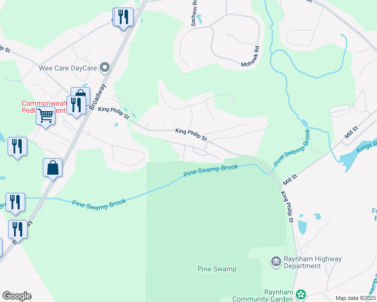 map of restaurants, bars, coffee shops, grocery stores, and more near 639 King Philip Street in Raynham