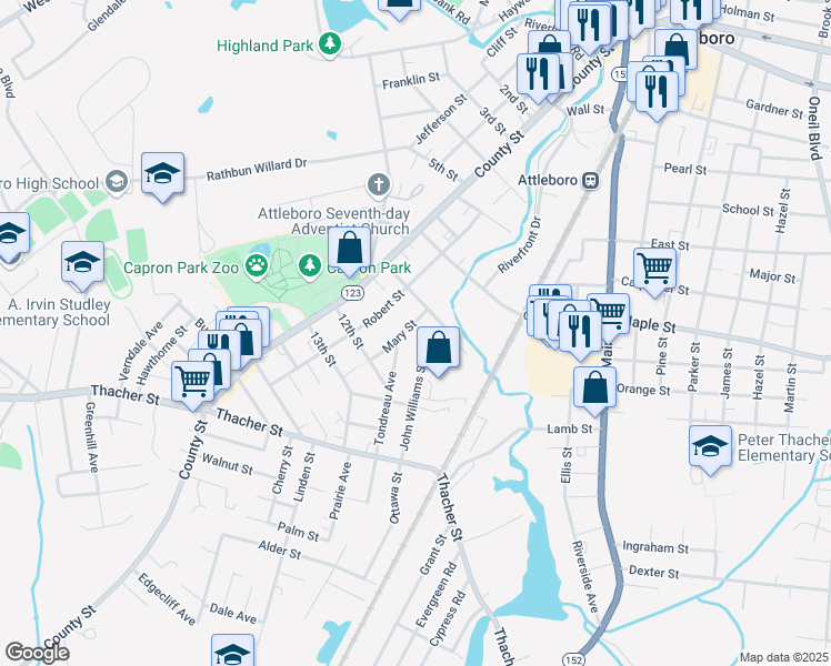 map of restaurants, bars, coffee shops, grocery stores, and more near 15 John Williams Street in Attleboro
