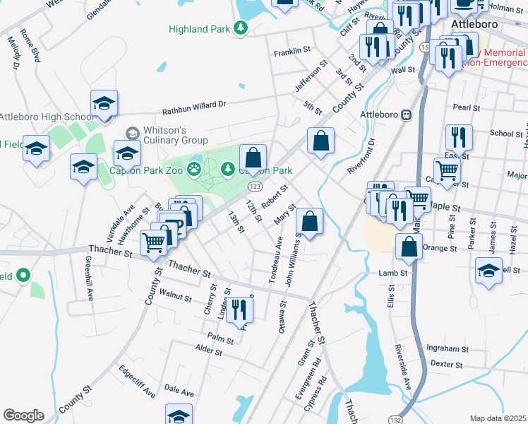 map of restaurants, bars, coffee shops, grocery stores, and more near 27 Mary Street in Attleboro