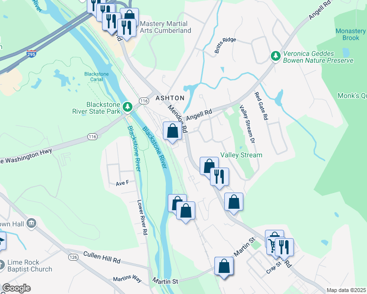 map of restaurants, bars, coffee shops, grocery stores, and more near 38 Wiggan Street in Cumberland