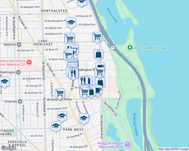map of restaurants, bars, coffee shops, grocery stores, and more near 431 West Oakdale Avenue in Chicago