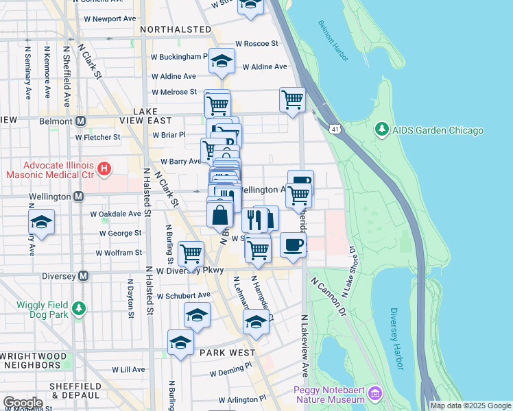 map of restaurants, bars, coffee shops, grocery stores, and more near 501 West Oakdale Avenue in Chicago
