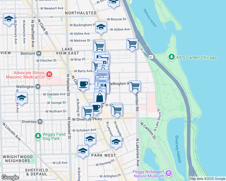 map of restaurants, bars, coffee shops, grocery stores, and more near 2941 North Broadway in Chicago