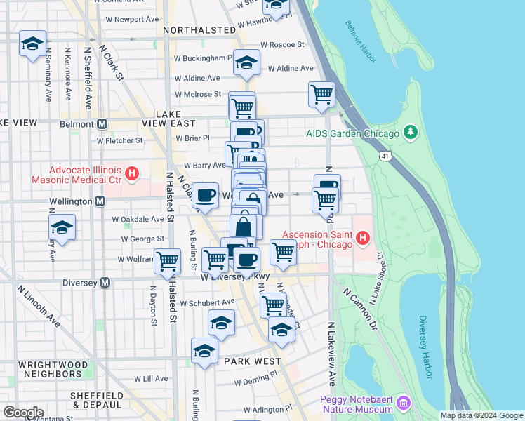 map of restaurants, bars, coffee shops, grocery stores, and more near 2941 North Broadway in Chicago