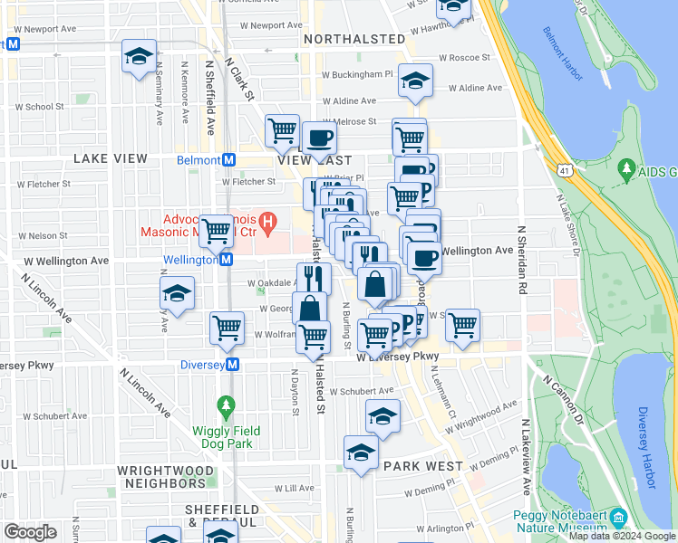 map of restaurants, bars, coffee shops, grocery stores, and more near 719 West Oakdale Avenue in Chicago