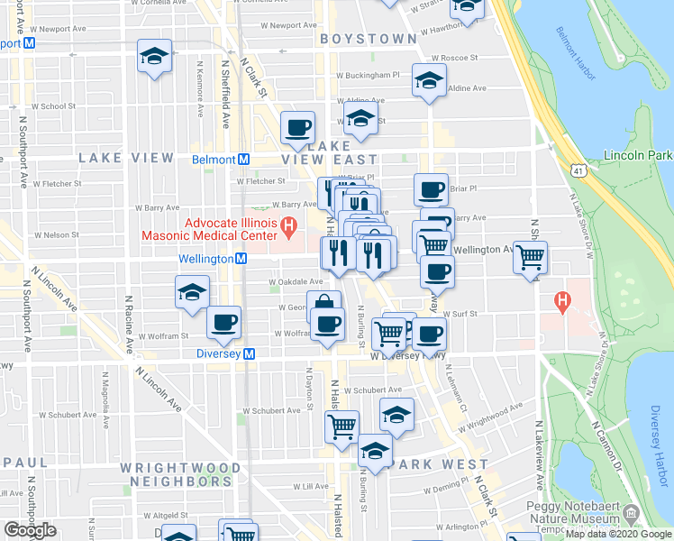 map of restaurants, bars, coffee shops, grocery stores, and more near in Chicago