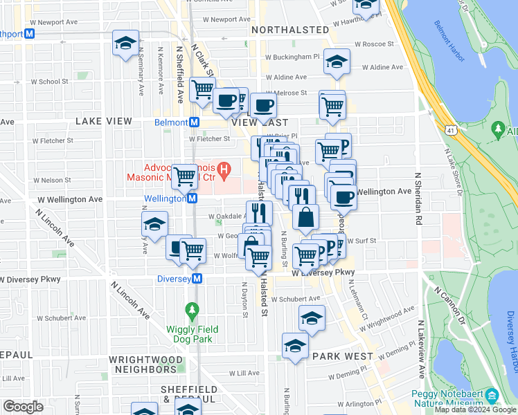 map of restaurants, bars, coffee shops, grocery stores, and more near 813 West Oakdale Avenue in Chicago