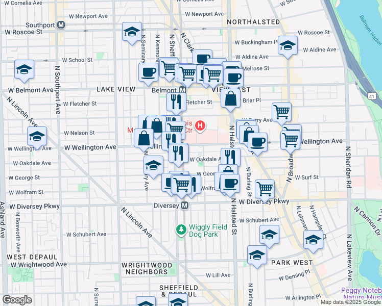 map of restaurants, bars, coffee shops, grocery stores, and more near 920 West Oakdale Avenue in Chicago