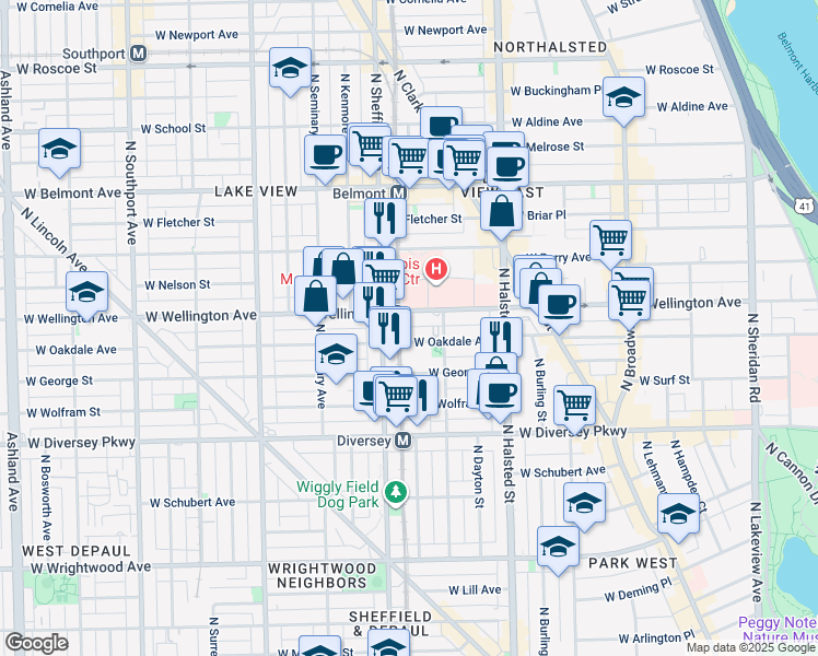map of restaurants, bars, coffee shops, grocery stores, and more near 928c West Oakdale Avenue in Chicago