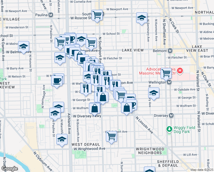 map of restaurants, bars, coffee shops, grocery stores, and more near 2954 North Lincoln Avenue in Chicago
