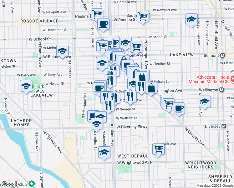 map of restaurants, bars, coffee shops, grocery stores, and more near 1534 West Oakdale Avenue in Chicago