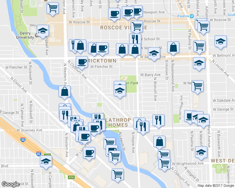 map of restaurants, bars, coffee shops, grocery stores, and more near 2948 North Hoyne Avenue in Chicago