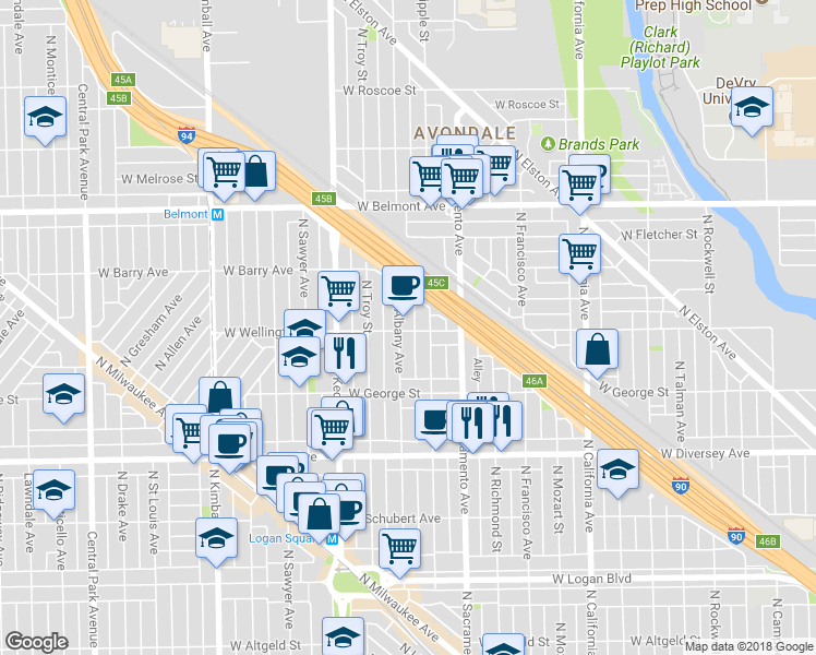 map of restaurants, bars, coffee shops, grocery stores, and more near 2959 North Albany Avenue in Chicago