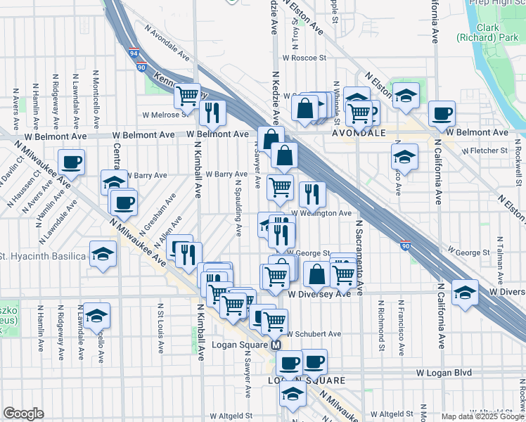 map of restaurants, bars, coffee shops, grocery stores, and more near 2950 North Kedzie Avenue in Chicago